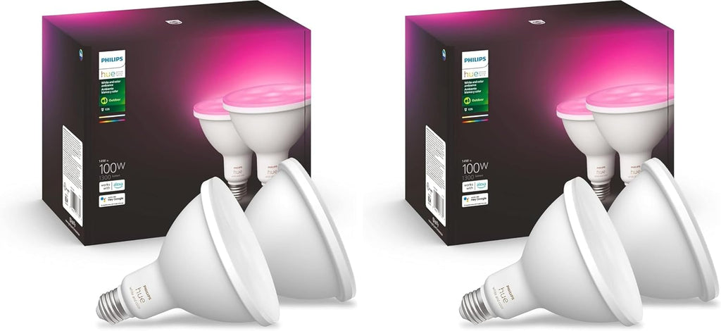 Philips Hue Smart 100W PAR38 LED Bulb, White & Color Ambiance Color-Changing Light, 1300LM, E26, Control with Hue App, Compatible with Alexa, Google Assistant and Apple Homekit (Pack of 4)
