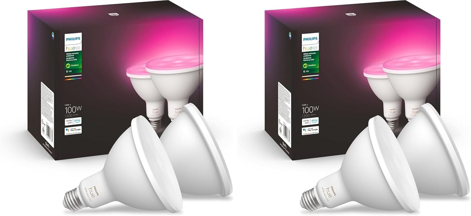 Philips Hue Smart 100W PAR38 LED Bulb, White & Color Ambiance Color-Changing Light, 1300LM, E26, Control with Hue App, Compatible with Alexa, Google Assistant and Apple Homekit (Pack of 4)