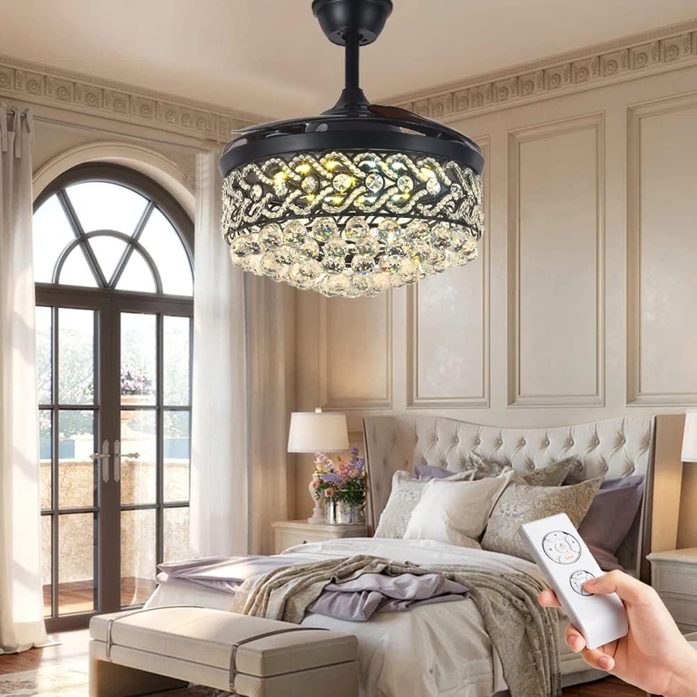 Black Crystal Chandelier Fan, 42' Fandelier Ceiling Fan with Light, Ceiling Fans with Retractable Blades Lights and Remote for Living Dinning Room