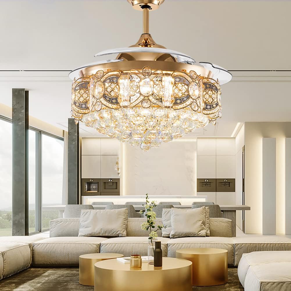 Crystal Fandelier Ceiling Fan with Light, Modern Retractable Crystal Chandeliers Ceiling Fan, Chandelier Fan with 3 Color Change for Dining Room Bedroom (Rose Gold)