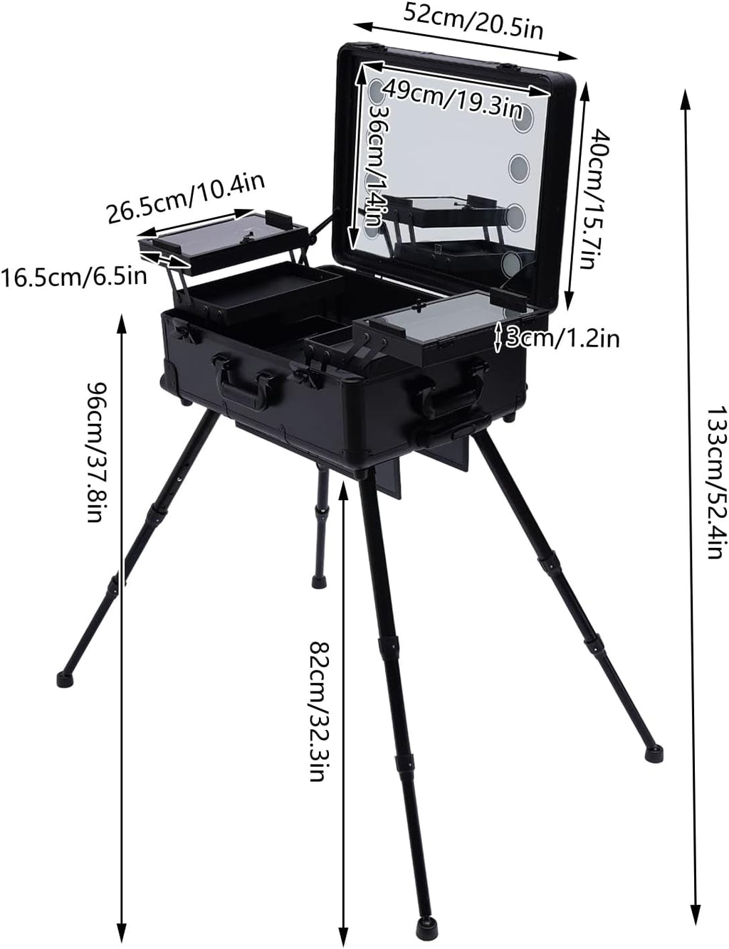 Aluminum Rolling Makeup Train Case with 8 LED Light Mirror Portable Lighted Makeup Vanity Station with Wheels and Stands, Lockable Professional Cosmetic Trolley for Travel (Black)