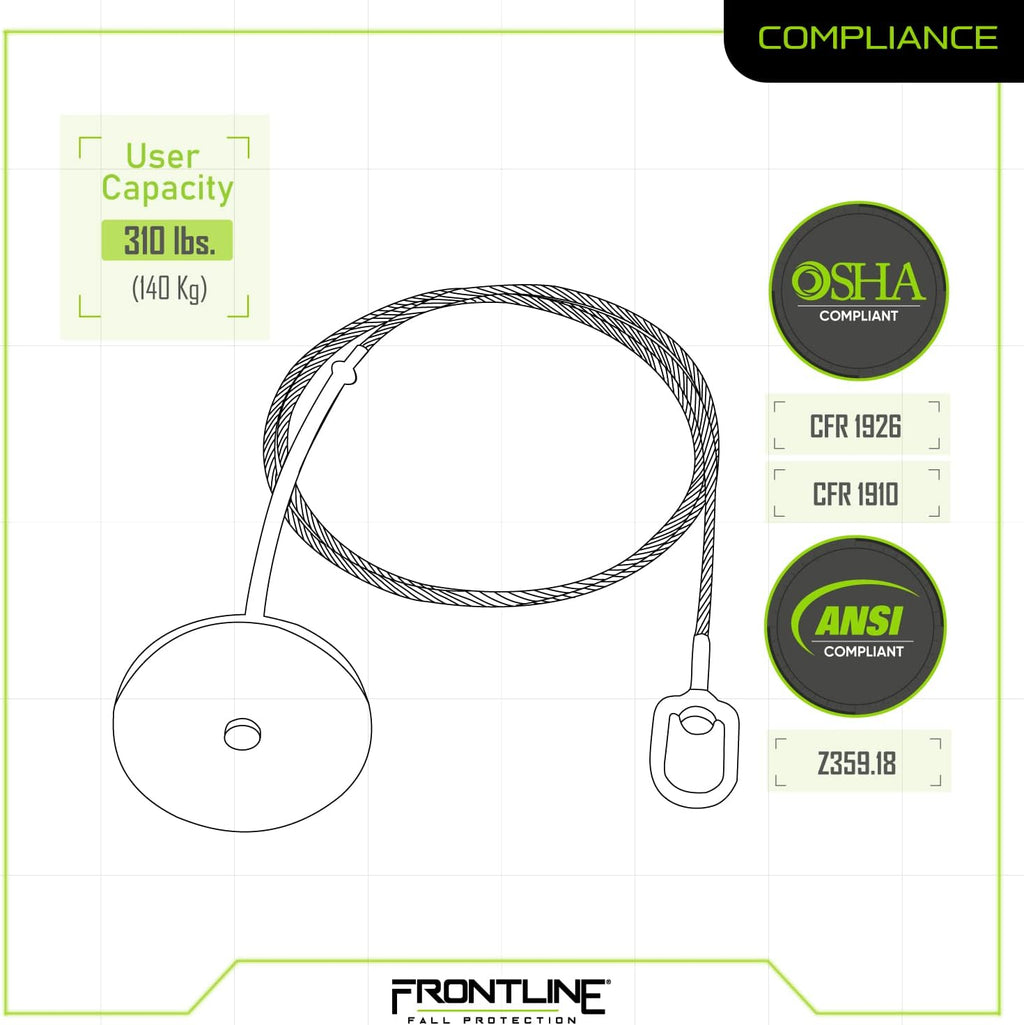 Frontline Fall Protection DT1206 Drop Thru Anchor 12' Round Plate with 6' Cable | OSHA & ANSI Compliant | Removable and Reusable Anchor Point | Over Head Applications