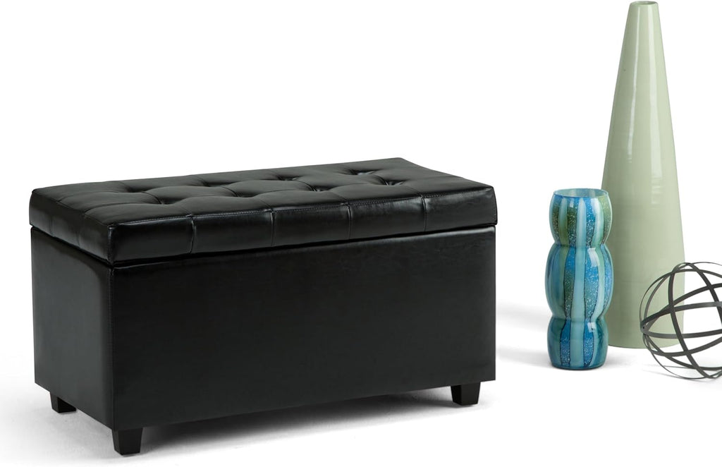 SIMPLIHOME Cosmopolitan Storage Ottoman - 34 inch Wide Upholstered Vegan Leather Rectangle Storage Ottoman Bench in Midnight Black, Transitional Tufted Ottoman for Living Room with Lift-Up Lid