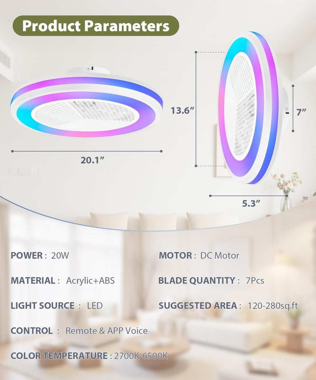2-in-1 Low Profile Ceiling Fan with Light, 20.1' Caged Safety Design for Kids - RGB Color, Smart APP/Remote Control, Quiet Flush Mount DC Motor, Triangle, Ideal for Bedroom/Living Room/Kitchen, White
