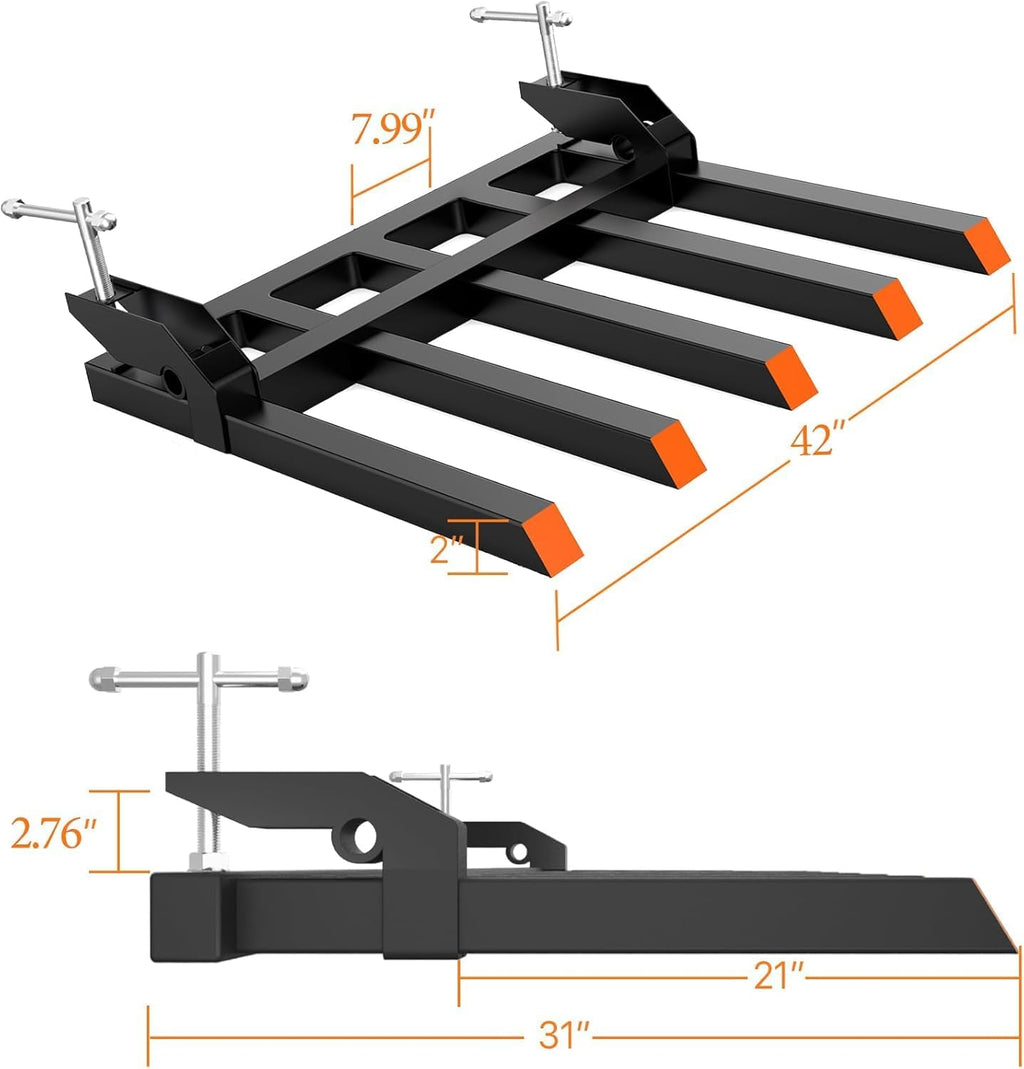 Hipicute 48' Clamp On Debris Forks to Bucket, 5 Fork Tines Clamp-On Pallet Attachments with 2500 Lbs Capacity Fit for Tractor Bucket, Skid Steer Loader