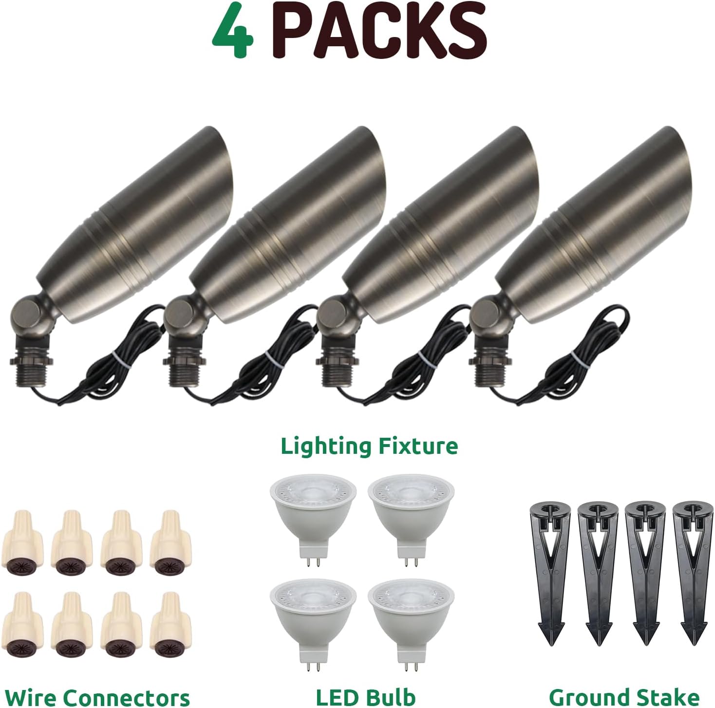 DOSHINE® Solid Brass Landscape LED Spotlights Outdoor Low Voltage Landscape Lighting AC/DC 12V Uplight Accent Light for Tree Garden Yard with Replaceable 5W 3000K Warm White 560LM MR16 Bulb (4-Pack)