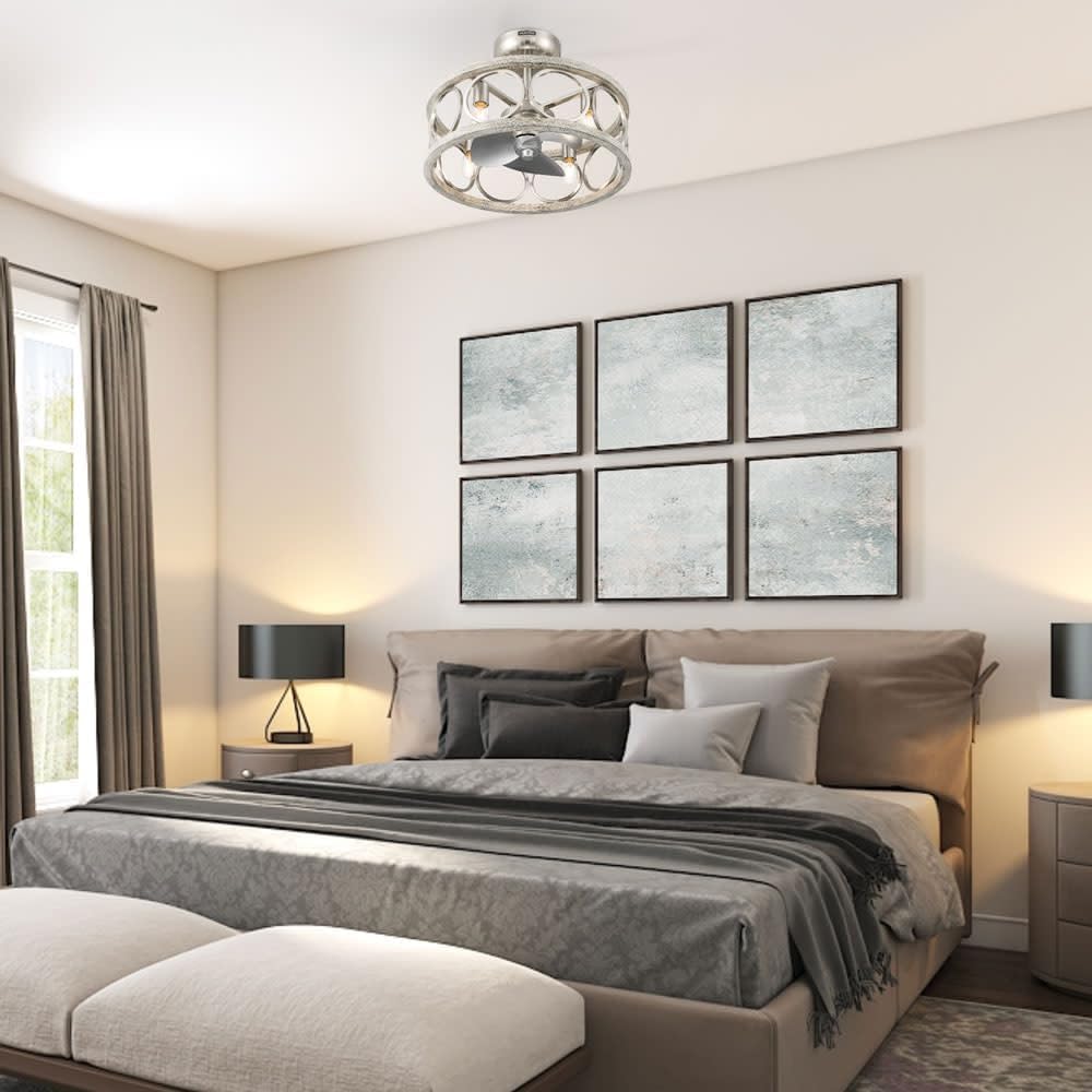 Hunter Haven 22 inch Indoor Fandelier Caged Ceiling Fan with Light and Remote, Brushed Nickel Ceiling Fan with Wood Accents, Industrial Farmhouse Style for Bedrooms, Living Rooms, Home Offices, 50104