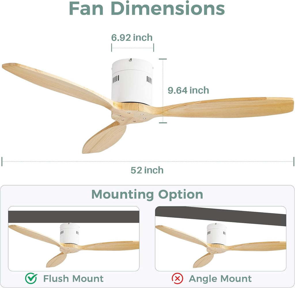 Sofucor 52'' Low Profile Ceiling Fan Remote Control without Lights,Wood Flush Mount White Ceiling Fans no light, Modern Ceiling Fan Reversible DC for Bedroom,Farmhouse,Living Dining Room,Kitchen