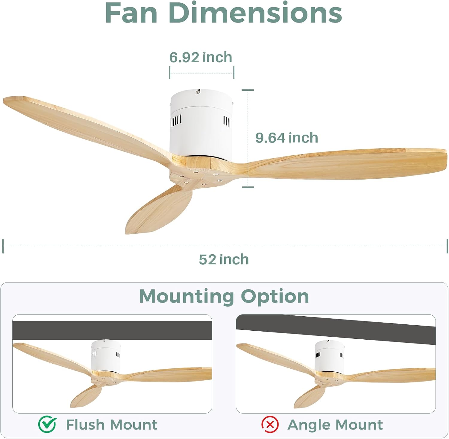 Sofucor 52'' Low Profile Ceiling Fan Remote Control without Lights,Wood Flush Mount White Ceiling Fans no light, Modern Ceiling Fan Reversible DC for Bedroom,Farmhouse,Living Dining Room,Kitchen