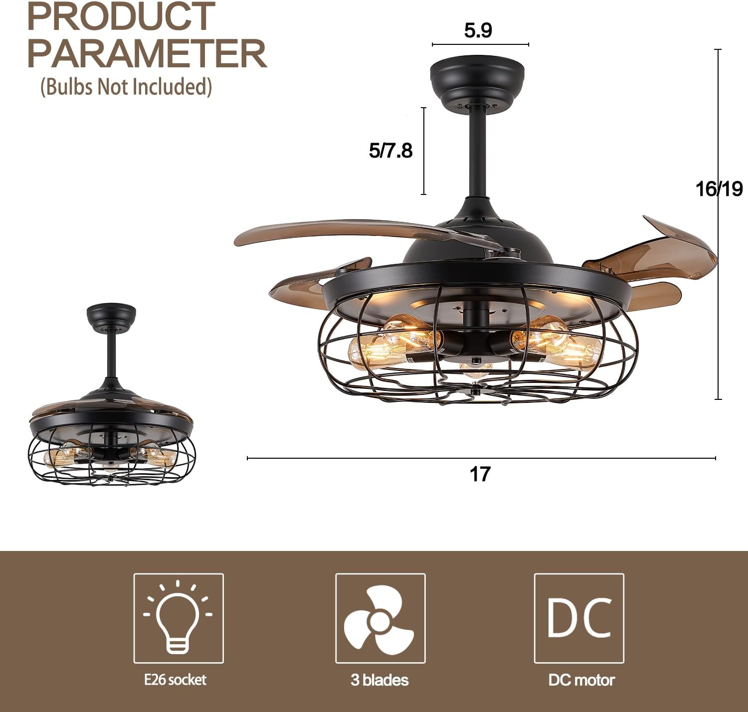 DuMaiWay 36' Caged Ceiling Fan, Industrial Retro Ceiling Fans with Remote Controller Vintage Style for Farmhouse/Living Room/Bedroom/Restaurant 5 Lights 3 Fan Blades Black