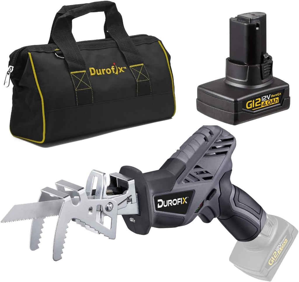 Durofix RJ1217-PG Reciprocating Saw Cordless 3000 Spm High Performance Motor Includes 4.0ah Battery Charger 6 Blades Canvas Bag Patented Clamping Jaw Toolless Blade Change For Mechanic Shop
