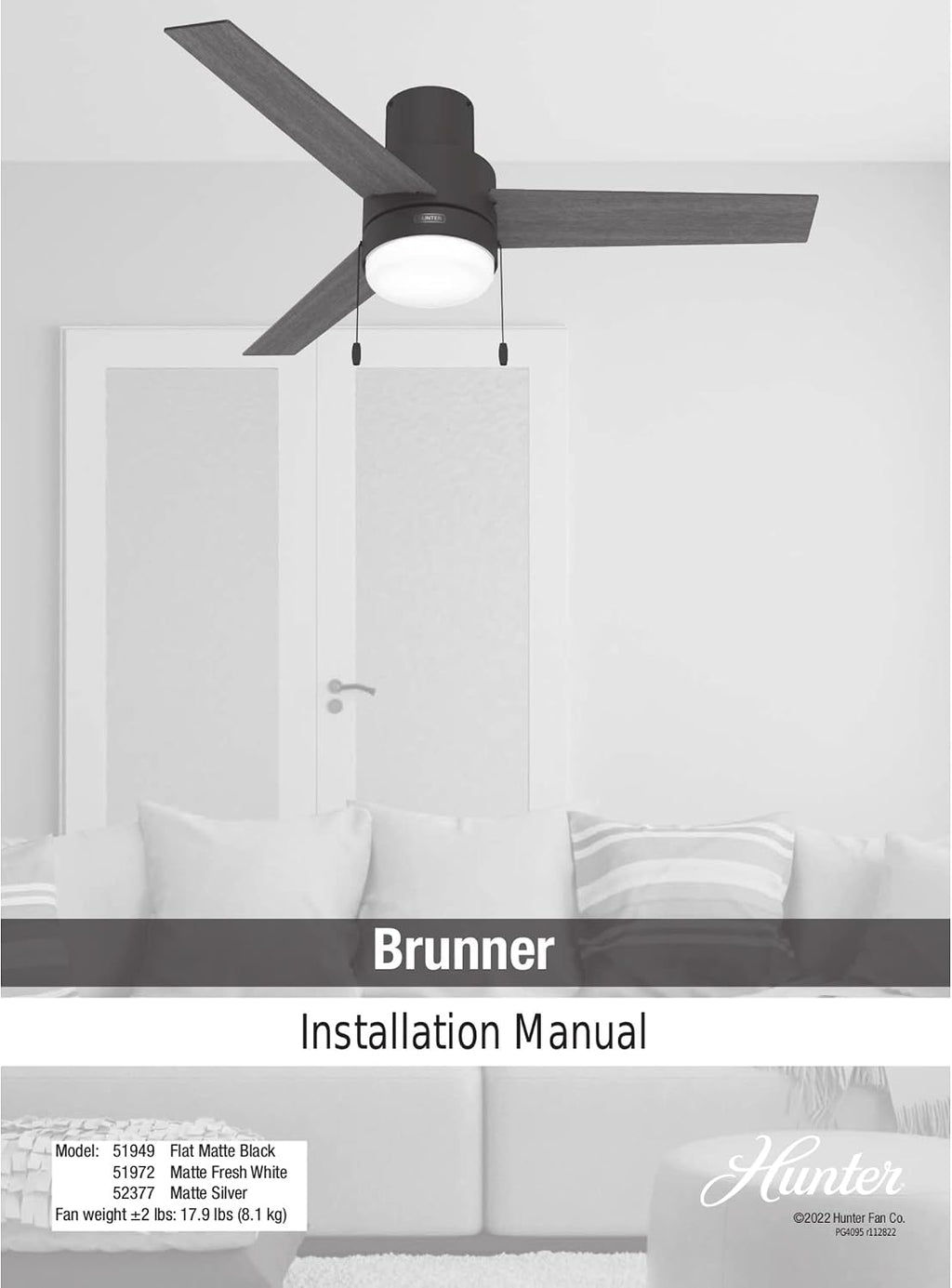 Hunter Fan Company, 51972, 52 inch Brunner Matte White Low Profile Ceiling Fan with LED Light Kit and Pull Chain