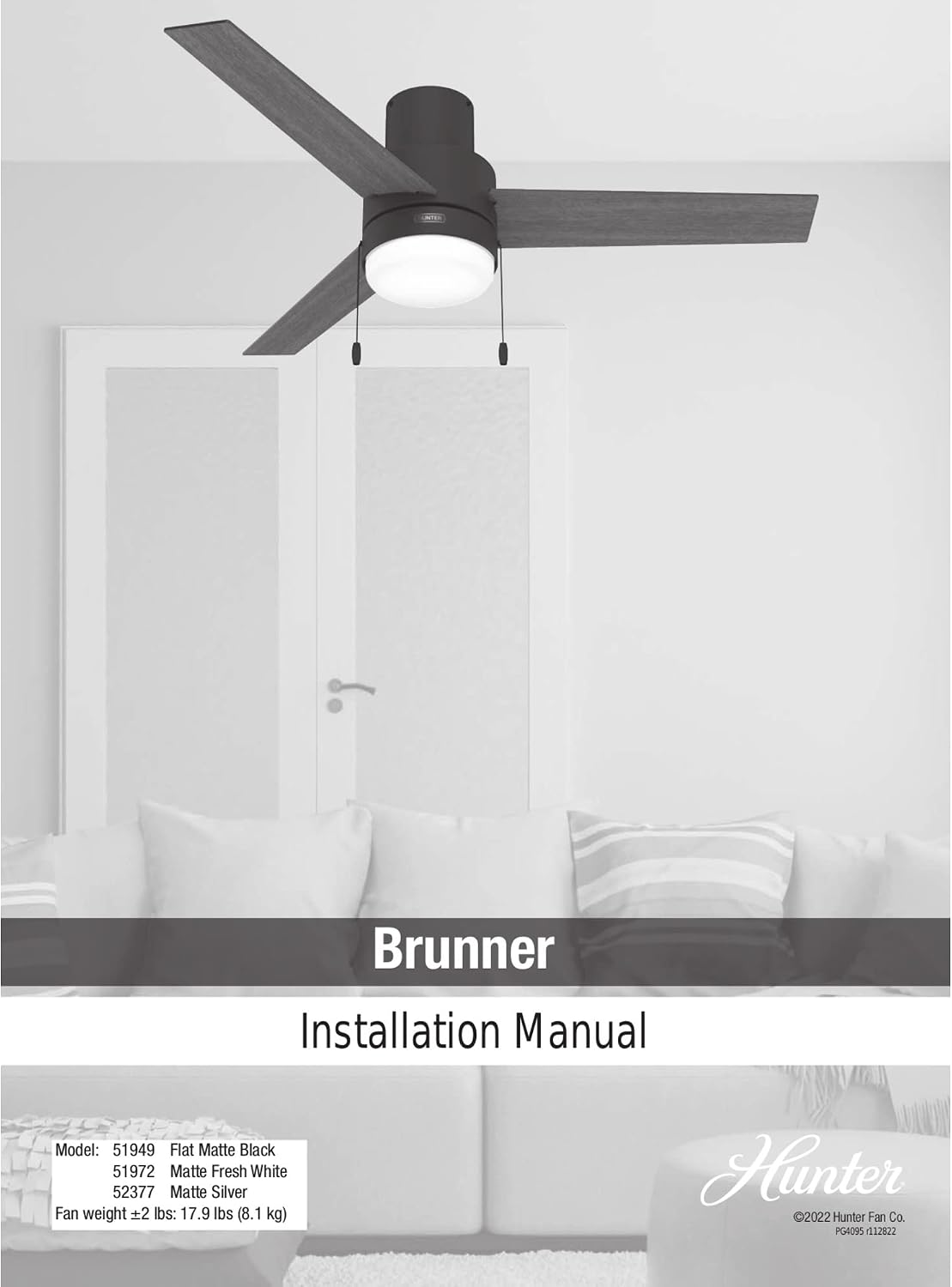 Hunter Fan Company, 51972, 52 inch Brunner Matte White Low Profile Ceiling Fan with LED Light Kit and Pull Chain