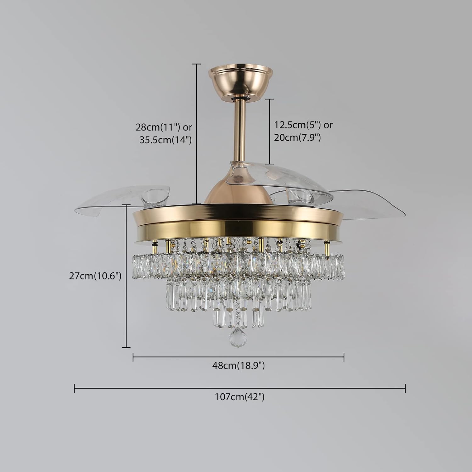 Finktonglan 42' Crystal Gold Fandelier Ceiling Fan with Light, Retractable Blades, Dimmable 60W LED, Remote & App Control, Quiet Reversible Motor, 6 Speeds & Timer, Downrod Mount