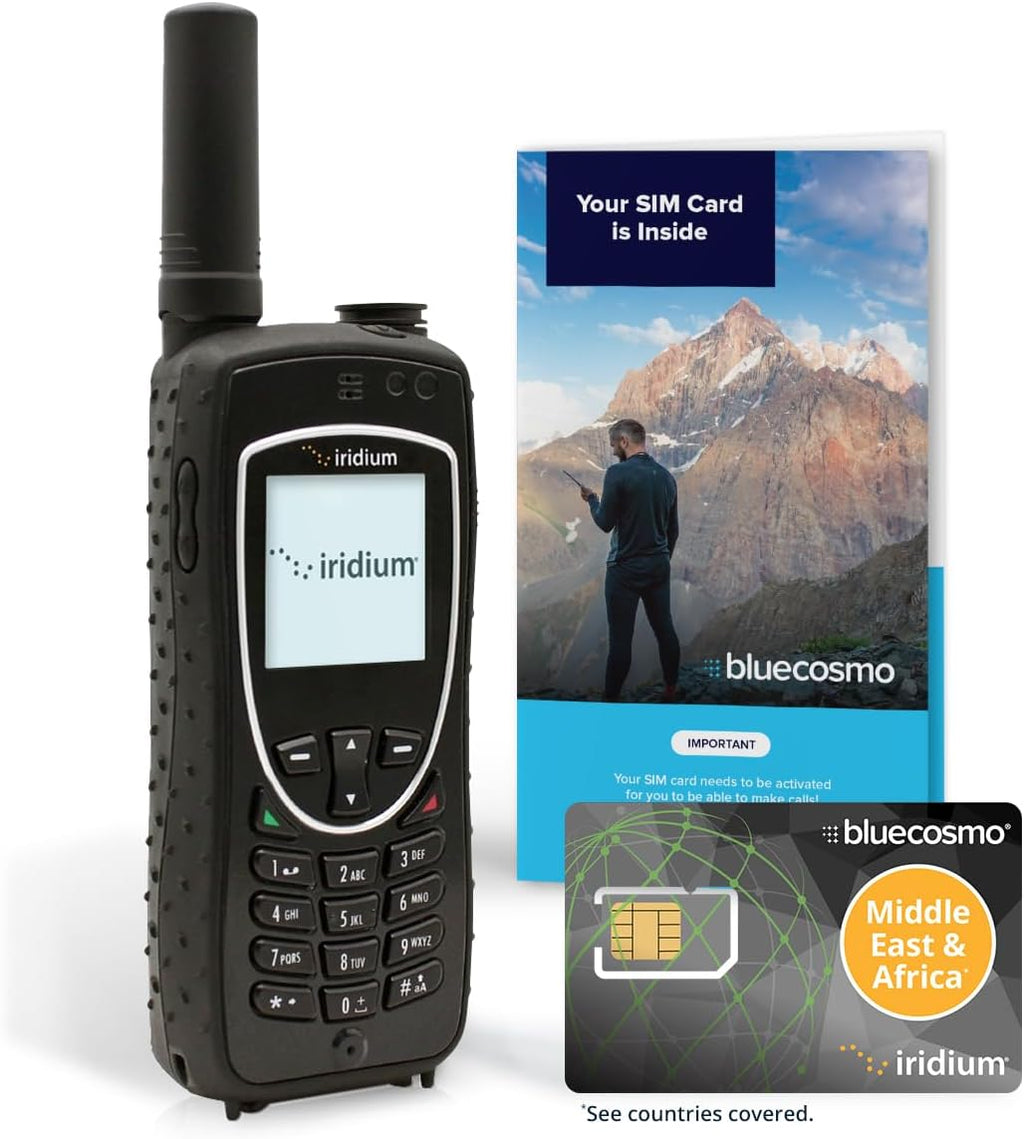 BlueCosmo Iridium Extreme Satellite Phone & Middle East Africa 500 Minute 1 Year Prepaid SIM Card - Voice, SMS Text Messaging, GPS Tracking, Emergency SOS - Online Activation - 24/7