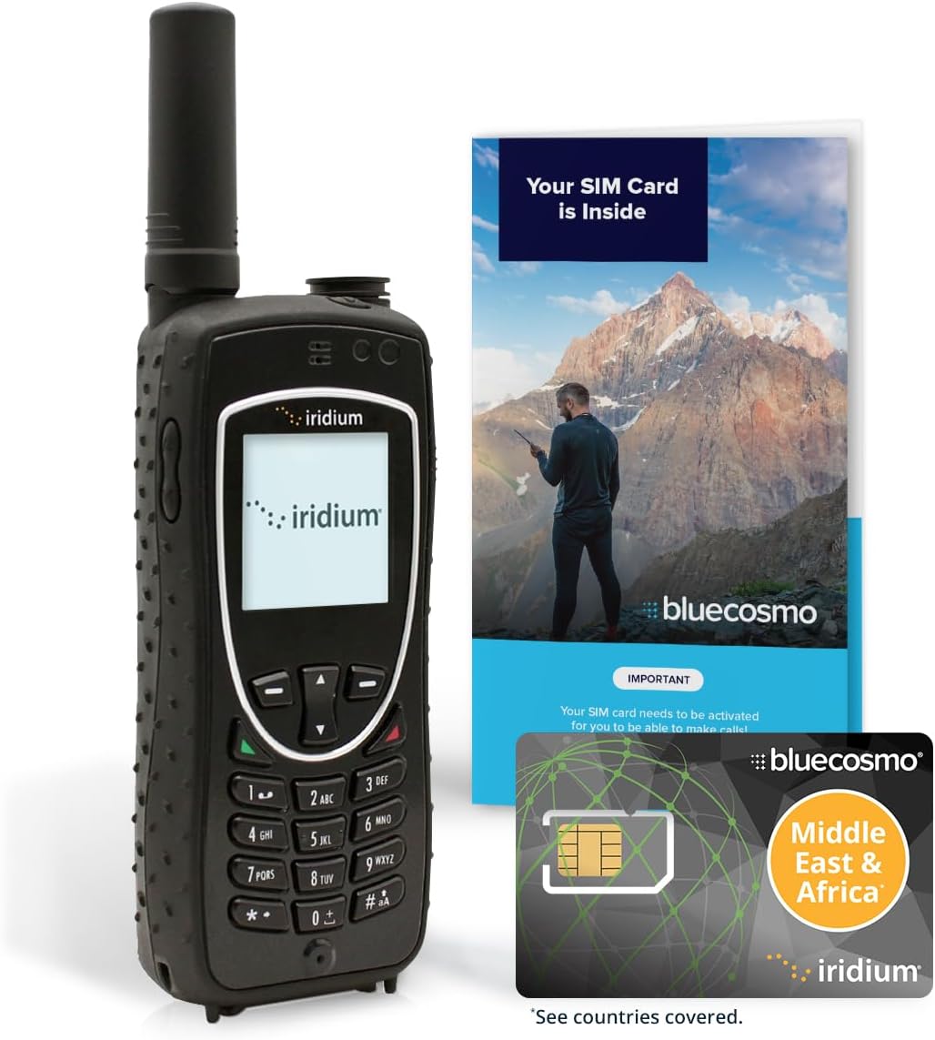 BlueCosmo Iridium Extreme Satellite Phone & Middle East Africa 500 Minute 1 Year Prepaid SIM Card - Voice, SMS Text Messaging, GPS Tracking, Emergency SOS - Online Activation - 24/7