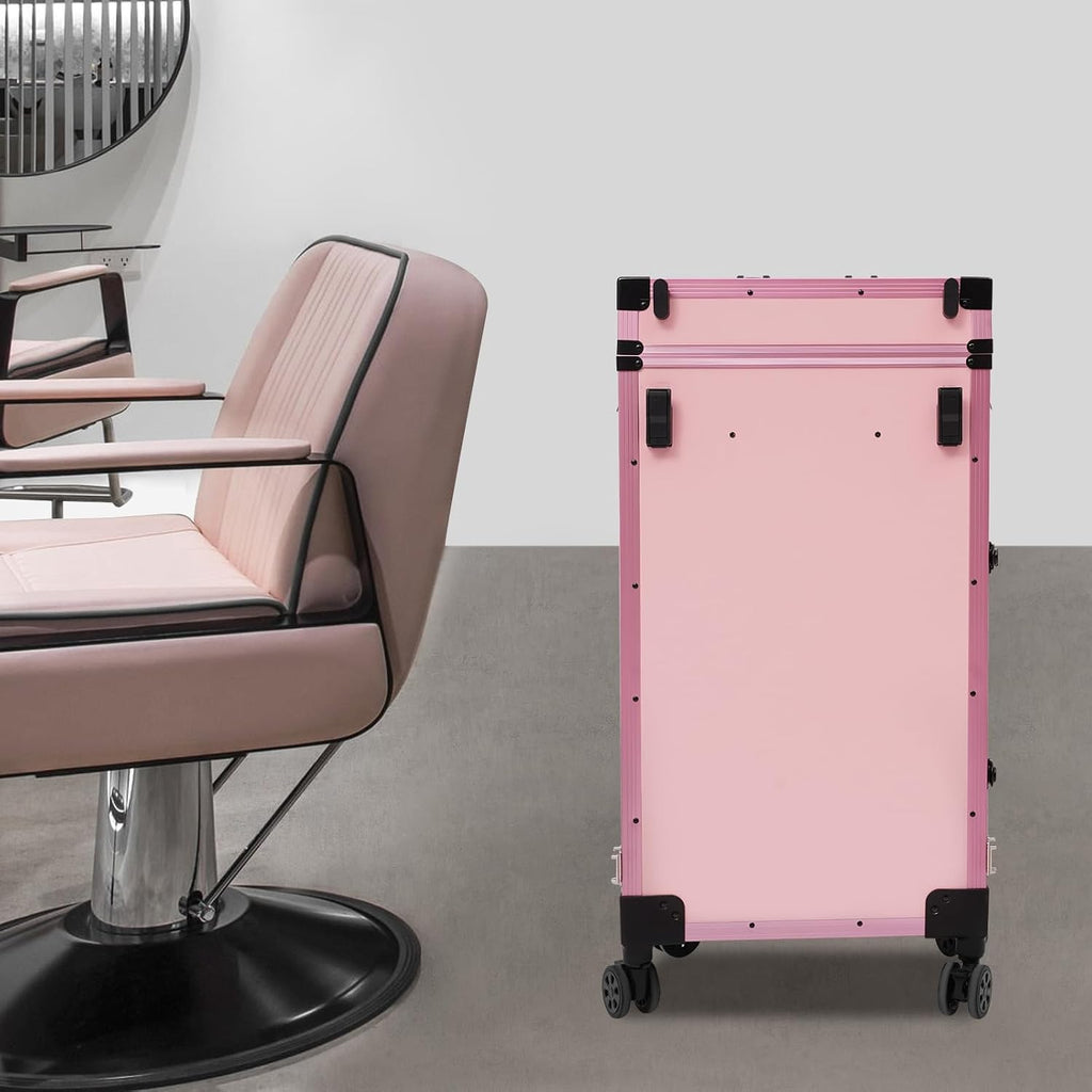Professional Rolling Makeup Case, Foldable Nail Tables with Detachable Lighted Mirror, Travel Cosmetic Trolley Storage Organizer with Drawers & Bluetooth Speaker, Manicure for Artist (Black, Pink)