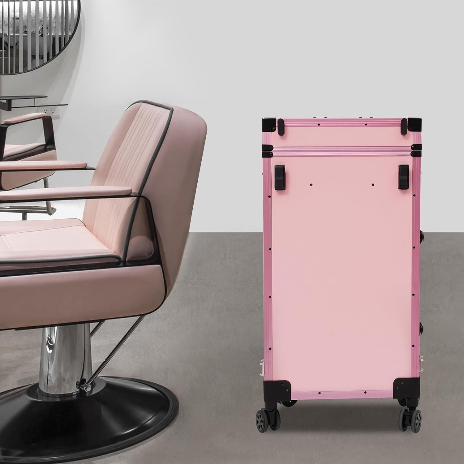 Professional Rolling Makeup Case, Foldable Nail Tables with Detachable Lighted Mirror, Travel Cosmetic Trolley Storage Organizer with Drawers & Bluetooth Speaker, Manicure for Artist (Black, Pink)