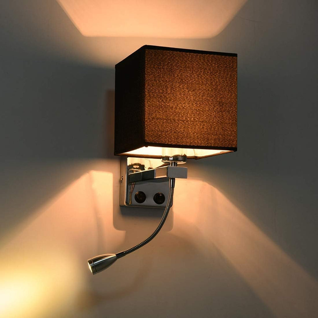 Wall Lamps with LED Reading Light, Bedside Sconce with Switch, Lamp Fabric Lampshade with 2 Points, Adjustable Indoor Spotlights, Brown