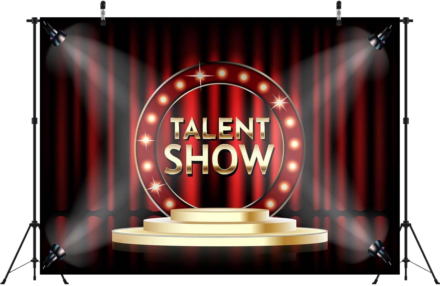BELECO 20x10ft Fabric Talent Show Backdrop Red Stage Curtain with Spotlight Gold Stage Background Drama Play Talk Show Music Party Decorations Banner Photo Props