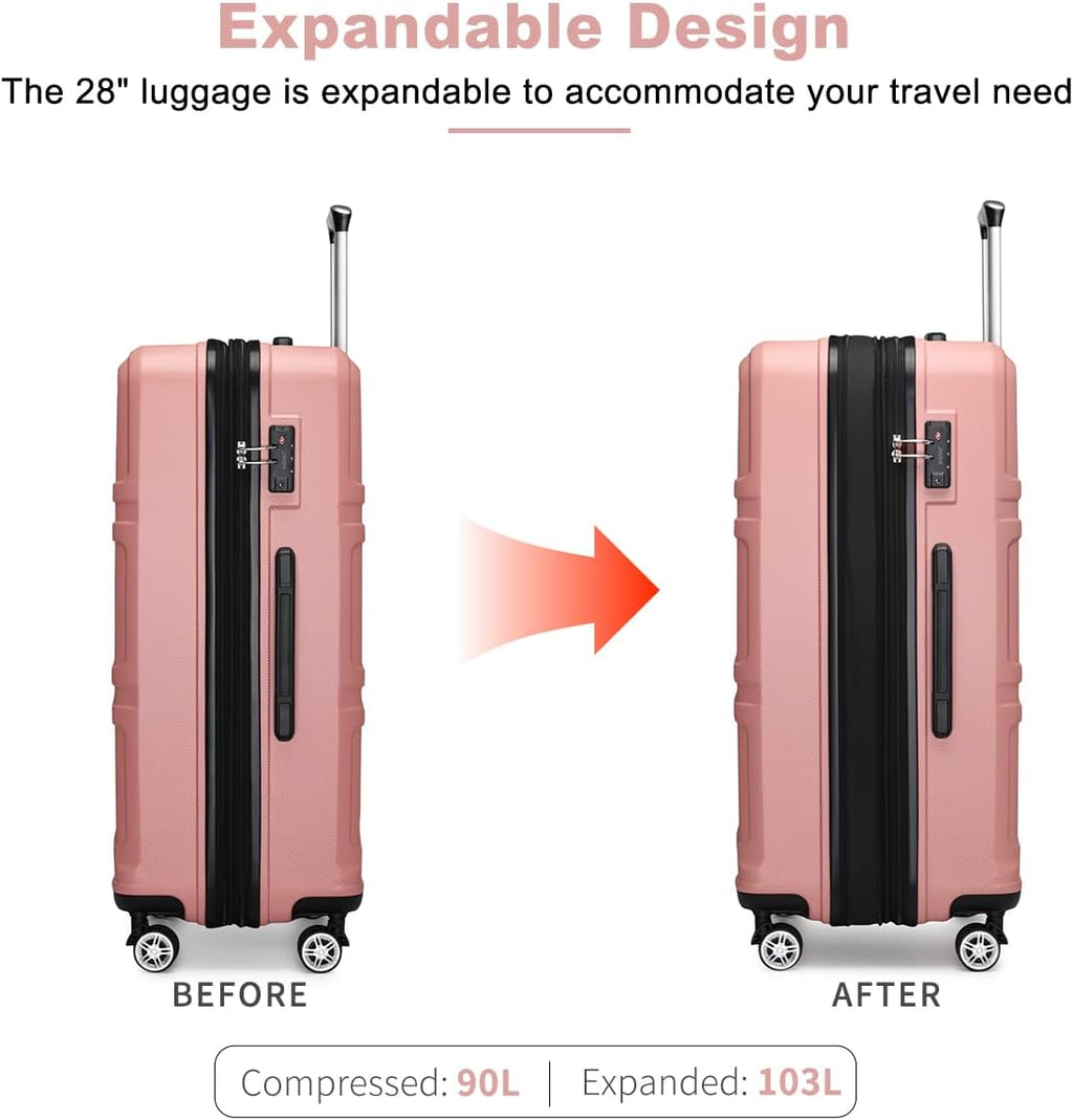 Kono 28 Inch Luggage Expandable Suitcase with Spinner Wheels TSA Lock Lightweight PC+ABS Hardside Large Checked Luggage Durable Rolling Suitcase Nude/Rose Pink