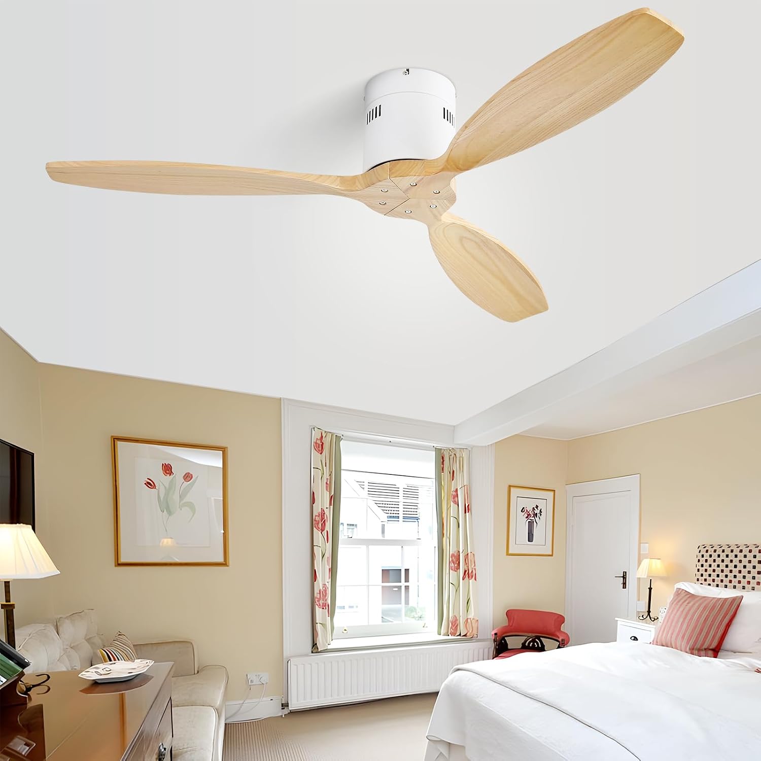 Sofucor 52'' Low Profile Ceiling Fan Remote Control without Lights,Wood Flush Mount White Ceiling Fans no light, Modern Ceiling Fan Reversible DC for Bedroom,Farmhouse,Living Dining Room,Kitchen