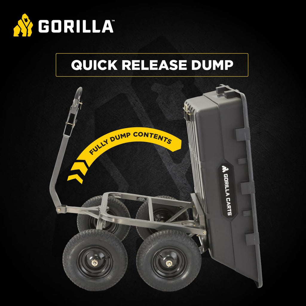 Gorilla Carts Heavy-Duty Poly Yard Dump Cart, 10 Cu Ft Tub, 1500 lb Haul Capacity, Black – Towable Utility Wagon with Quick-Release Dumping & Pneumatic Tires for Landscaping and Gardening