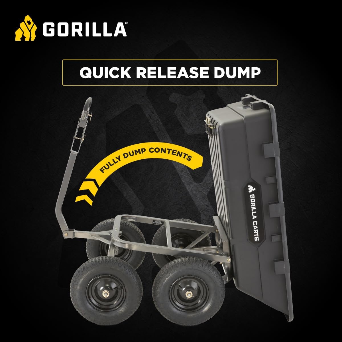 Gorilla Carts Heavy-Duty Poly Yard Dump Cart, 10 Cu Ft Tub, 1500 lb Haul Capacity, Black – Towable Utility Wagon with Quick-Release Dumping & Pneumatic Tires for Landscaping and Gardening