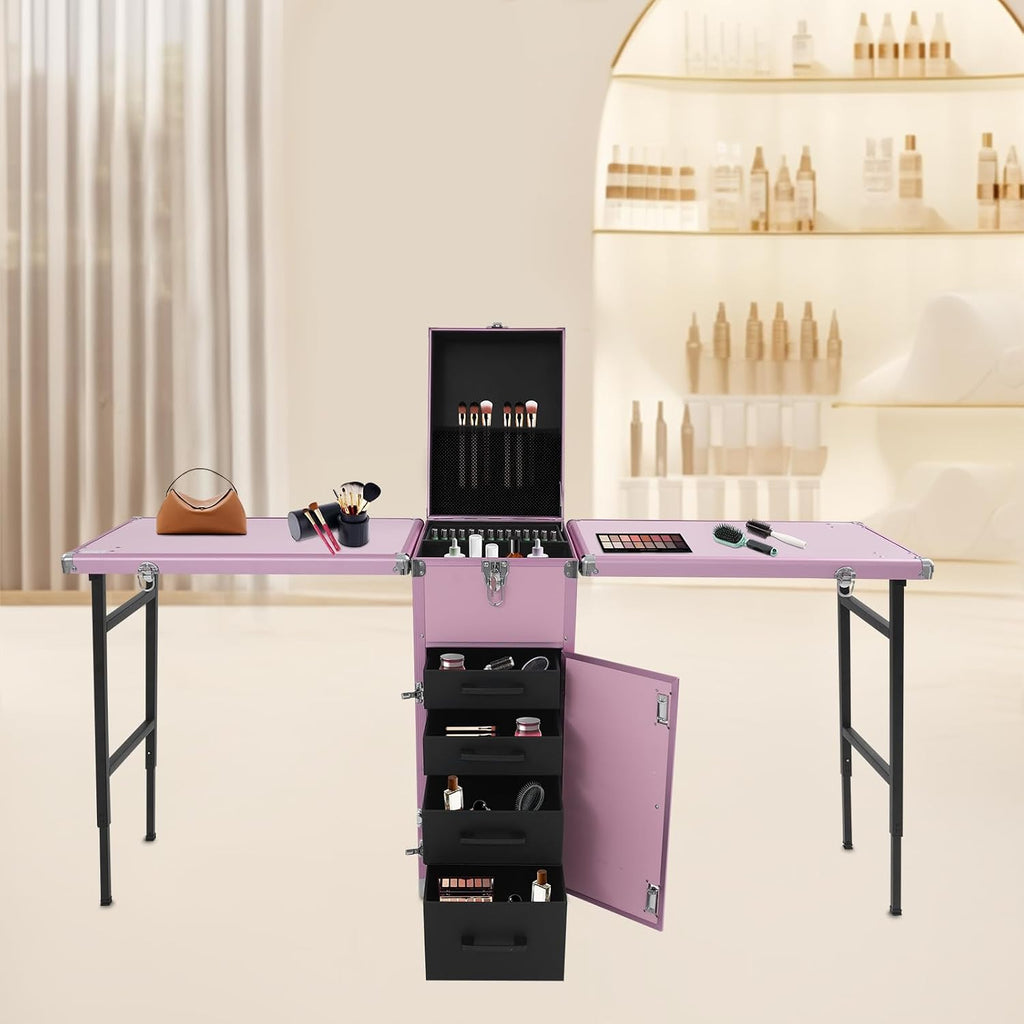 Professional Rolling Makeup Case, Foldable Nail Tables with Wheel, Travel Cosmetic Trolley Storage Organizer with Drawers, Manicure for Artist