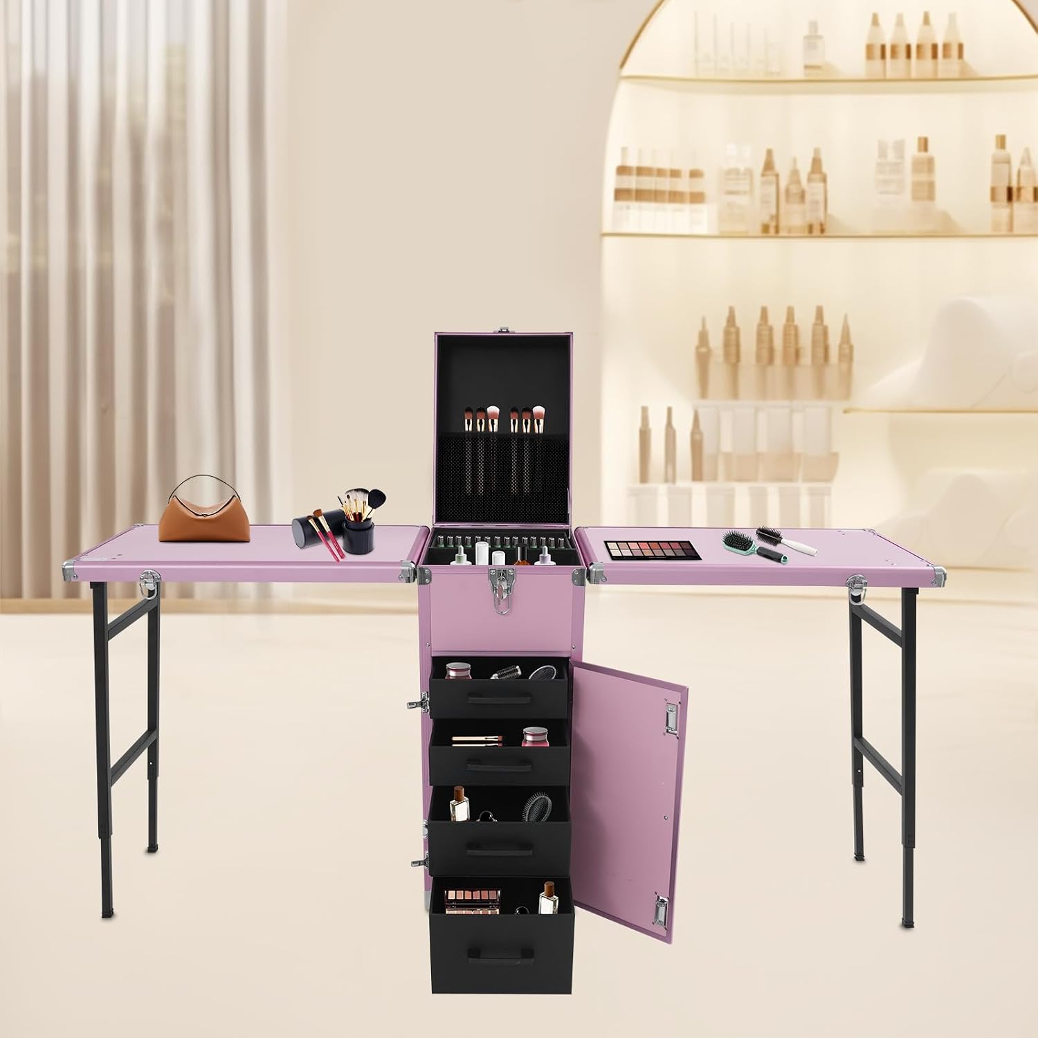 Professional Rolling Makeup Case, Foldable Nail Tables with Wheel, Travel Cosmetic Trolley Storage Organizer with Drawers, Manicure for Artist