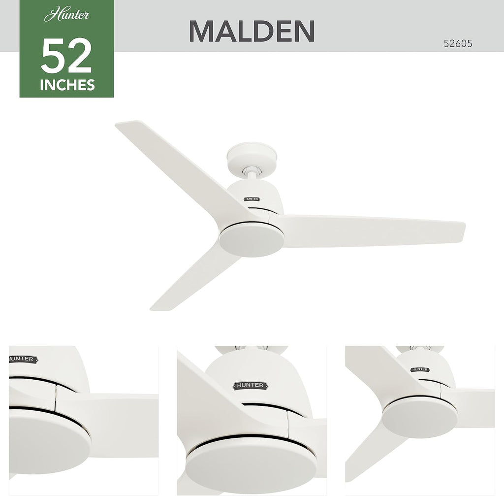 Hunter 52 inch Indoor Ceiling Fan No Light with Remote Control - White Ceiling Fan without Light, Standard Mount, 3 Blades, For Bedroom, Living Room, or Kitchen - Malden 52605, Matte White