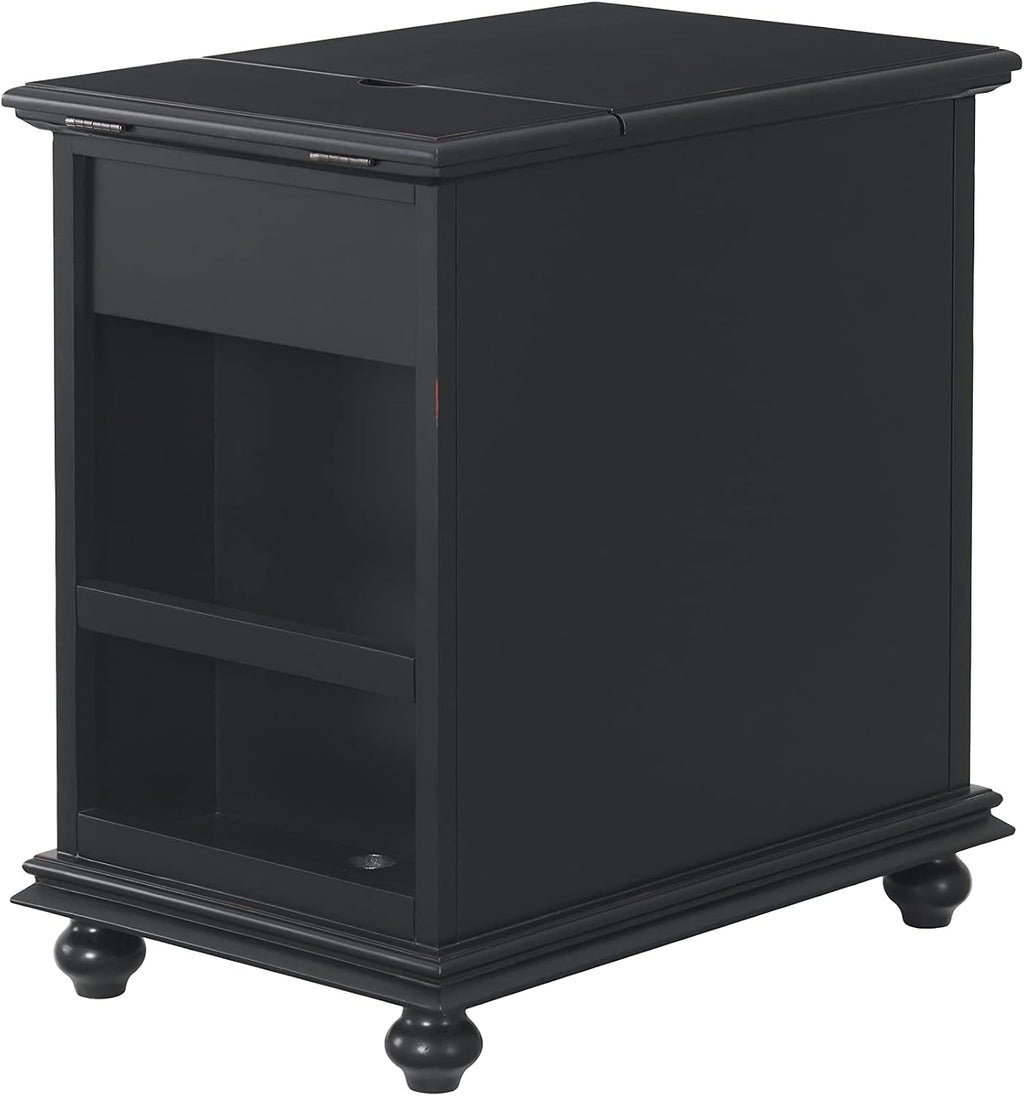 Martin Svensson Home Elegant Chairside End Table with Power — 24″W x 16″D x 25″H, Antique Black — Transitional Painted Accent Table with Flip-Top USB Charging, Drawer & Cabinet Storage