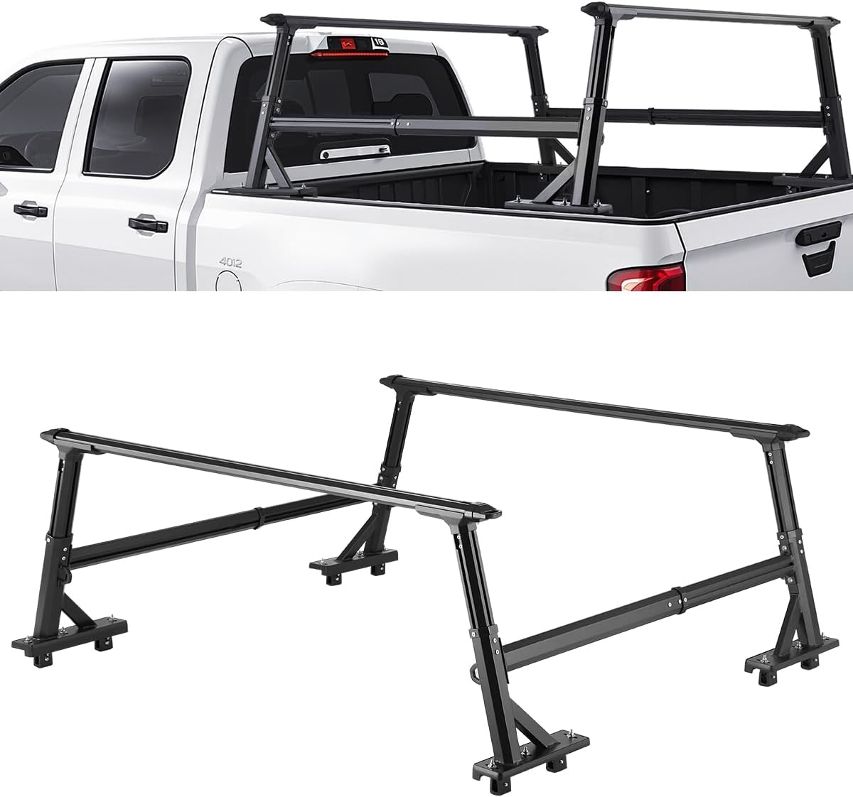 VEVOR Truck Ladder Rack, 21-31.5 in Height, Adjustable Non-Drilling Aluminum Cargo Rack with Sidebar, 800 lbs Static Capacity, Ideal for Canoes, Surfboards, Ladders, Lumber, Tents, and Large Cargo