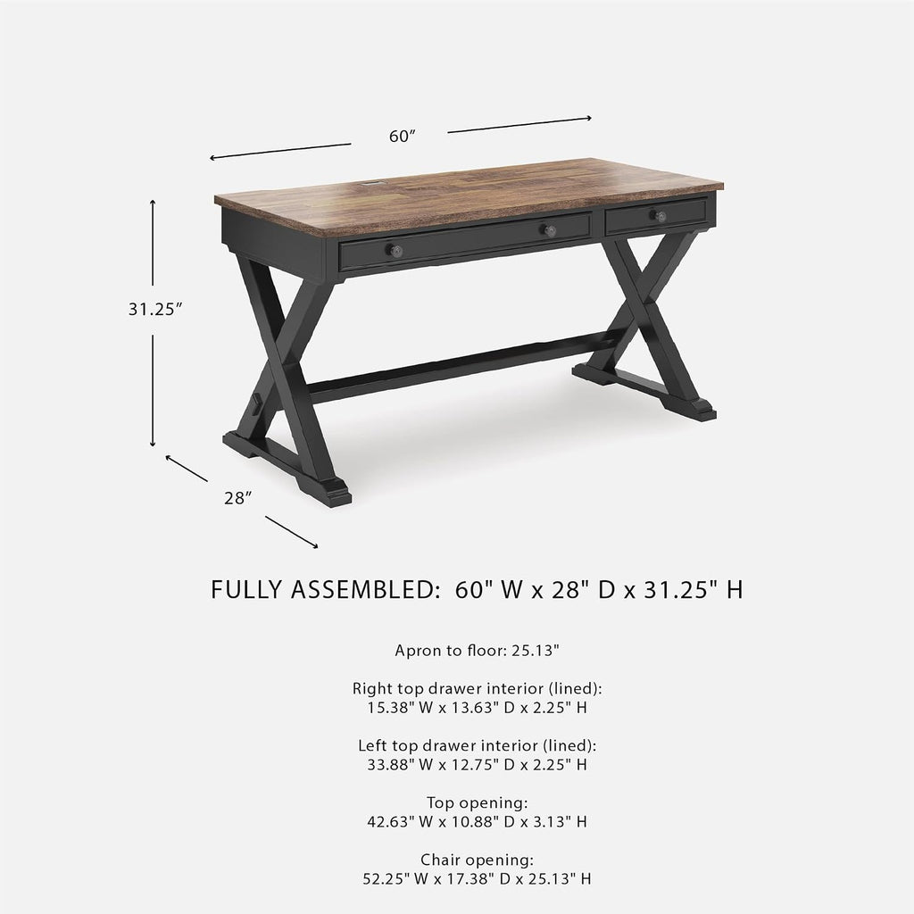 Signature Design by Ashley Wildenauer Farmhouse 1-Drawer 60' Home Office Desk with Keyboard Tray, Cord Management and Trestle Base, Dark Brown & Black