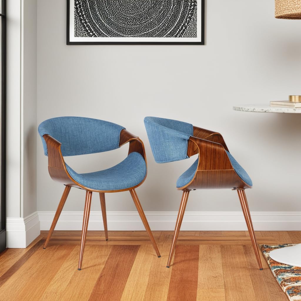 Armen Living Butterfly Mid-Century Dining Chair in Walnut Finish and Blue Fabric