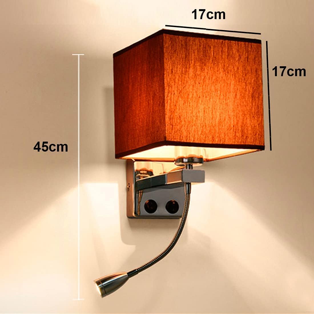 Wall Lamps with LED Reading Light, Bedside Sconce with Switch, Lamp Fabric Lampshade with 2 Points, Adjustable Indoor Spotlights, Brown