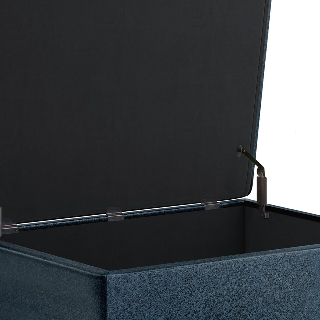 SIMPLIHOME Owen Coffee Table Storage Ottoman - 34' Wide x 19' High Upholstered Vegan Leather Rectangular Lift-Top Ottoman in Distressed Dark Blue, Mid-Century Modern Bench with Tapered Legs