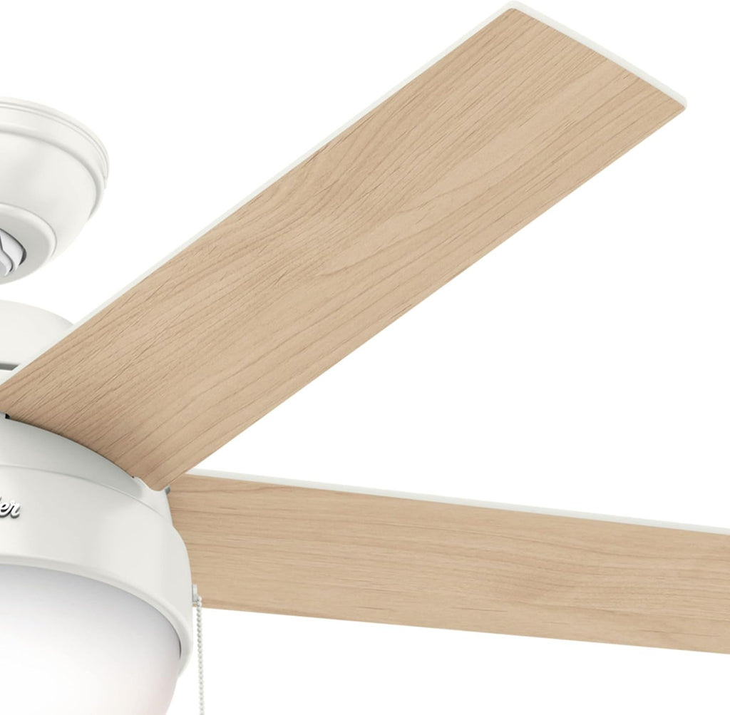 Hunter 46 inch Indoor Ceiling Fan with LED Light - White Ceiling Fan with Pull Chain, For Bedroom, Living Room, or Kitchen, Standard Mount, No Remote, 5 Blades - Anslee 59266, Fresh White