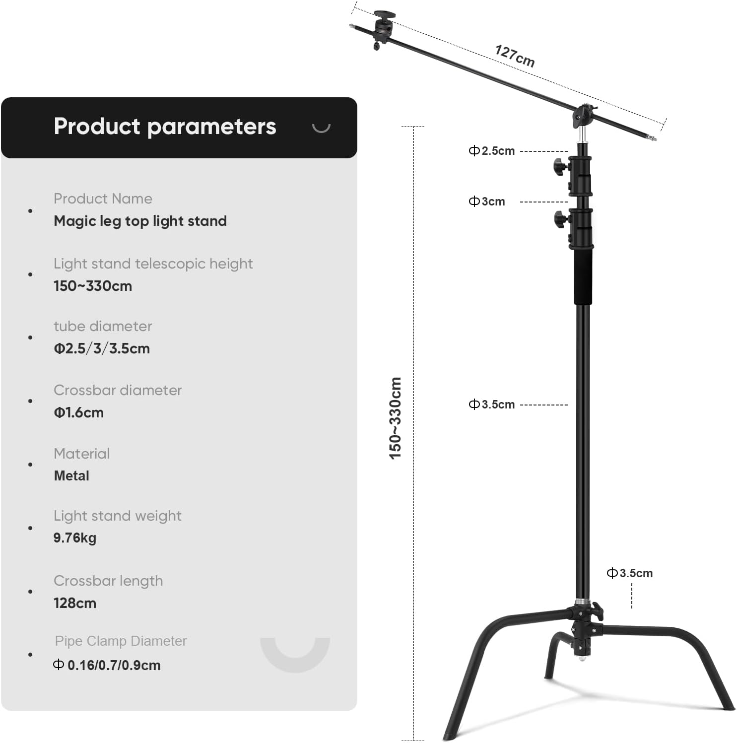 Heavy Duty C Stand C-Stand 10.8ft/330cm 100% Stainless Steel Photography C Stand with Boom Arm 4.2ft/128cm Carry Bag 44LB/20KG Adjustable Stable for Photography Studio Video Monolight Softbox Shooting