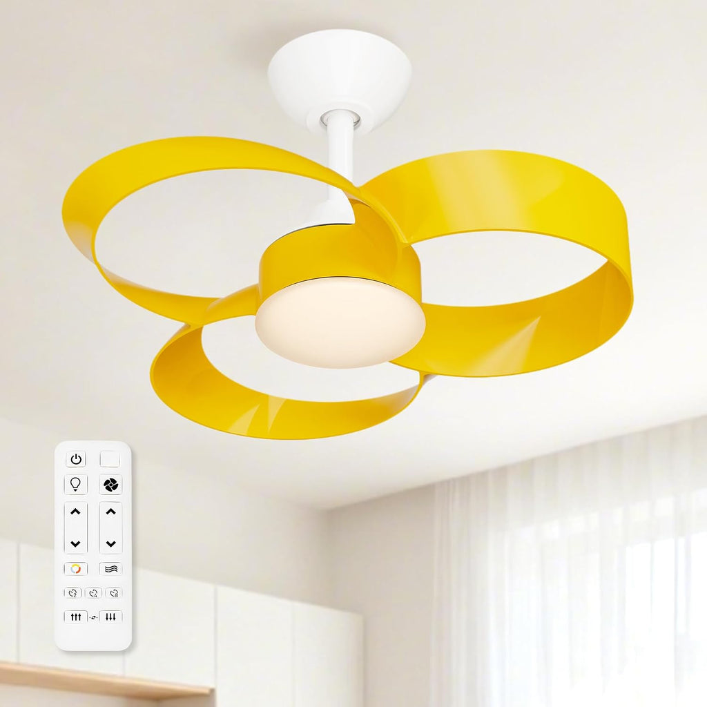 FANX 22 Inch Ceiling Fan with Light and Remote, Quiet DC Motor, Dimmable LED, Reversible 3-Speed Control, Easy Installation Downrod Fan for Small Rooms (Yellow)