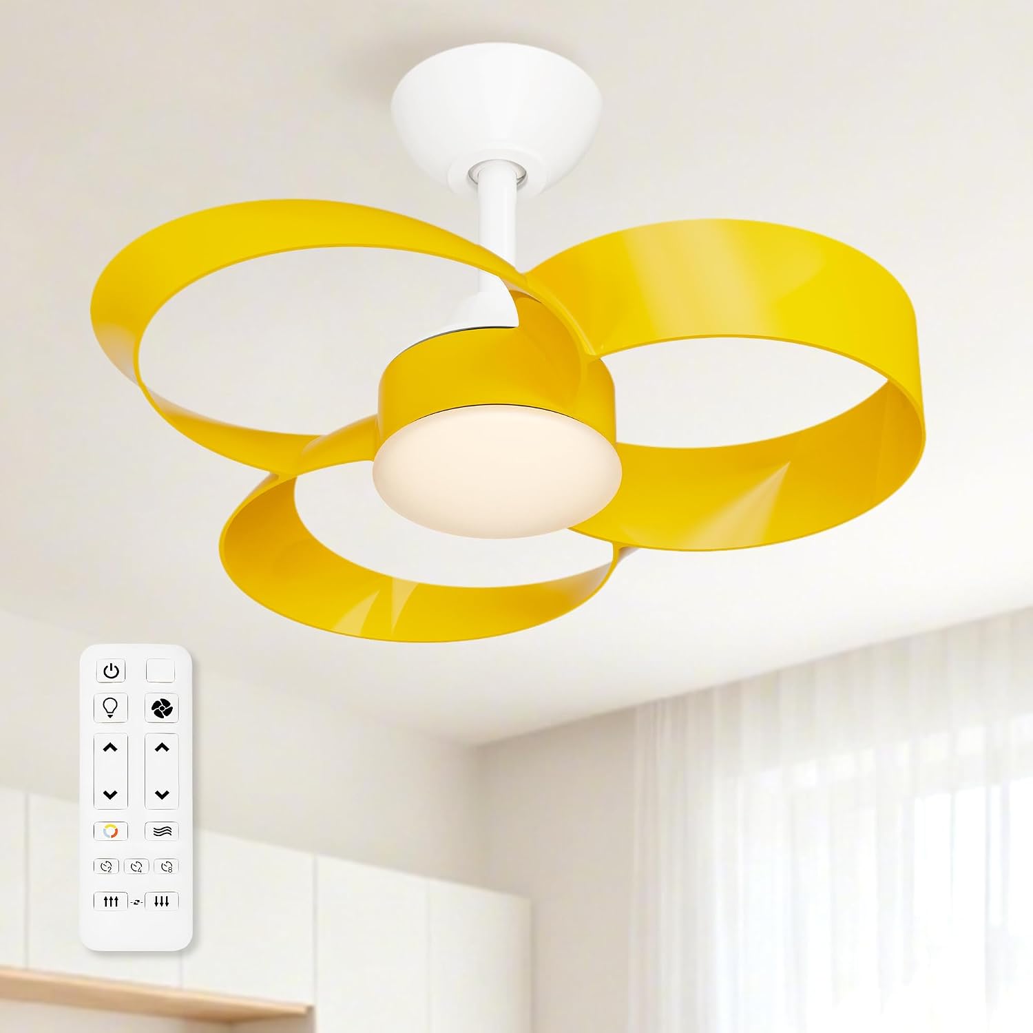 FANX 22 Inch Ceiling Fan with Light and Remote, Quiet DC Motor, Dimmable LED, Reversible 3-Speed Control, Easy Installation Downrod Fan for Small Rooms (Yellow)