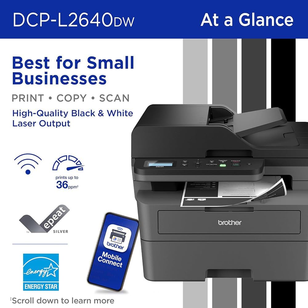 Brother Wireless DCP-L2640DW Compact Monochrome Multi-Function Laser Printer Bundle with 26‑Month Protection Plan, Printer Essentials Digital Download, 6FT HDMI Cable & 6FT USB Type‑A to Type‑B Cable