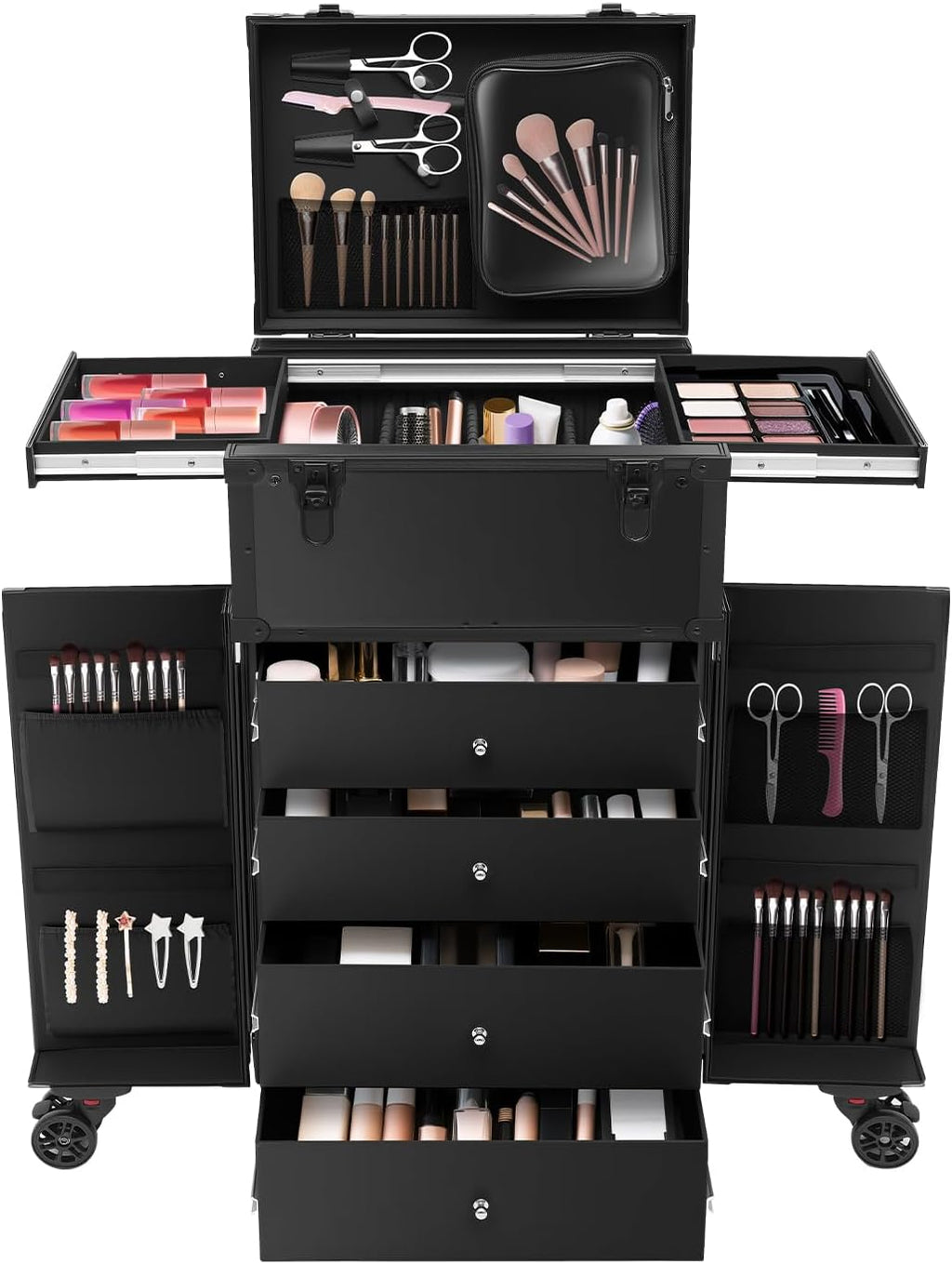 Rolling Makeup Case, Professional Makeup Train Case Cosmetic Trolley with Organizer, Black Makeup Storage Travel Case, for Makeup Artists, Salon, Travel, Beauty Facial Storage Organizer
