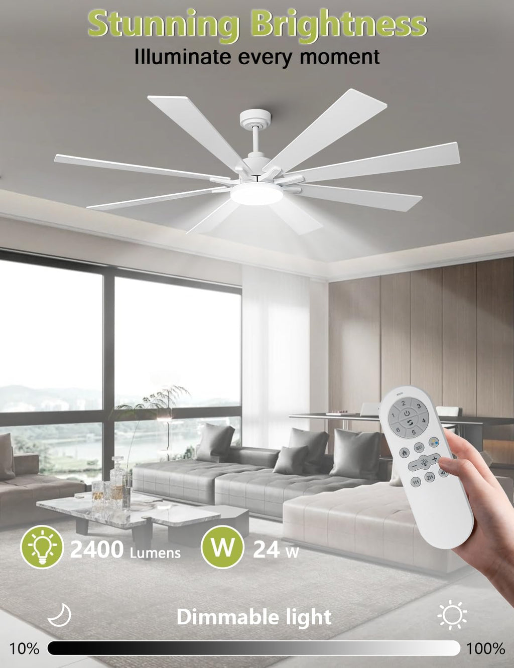 72 Inch Modern Ceiling Fans with Lights and Remote Large Airflow Ceiling Fan,Dimmable Lighting, Reversible DC Motor, Noiseless, Indoor Outdoor Use for Living Room, Office, Garage, Matte White