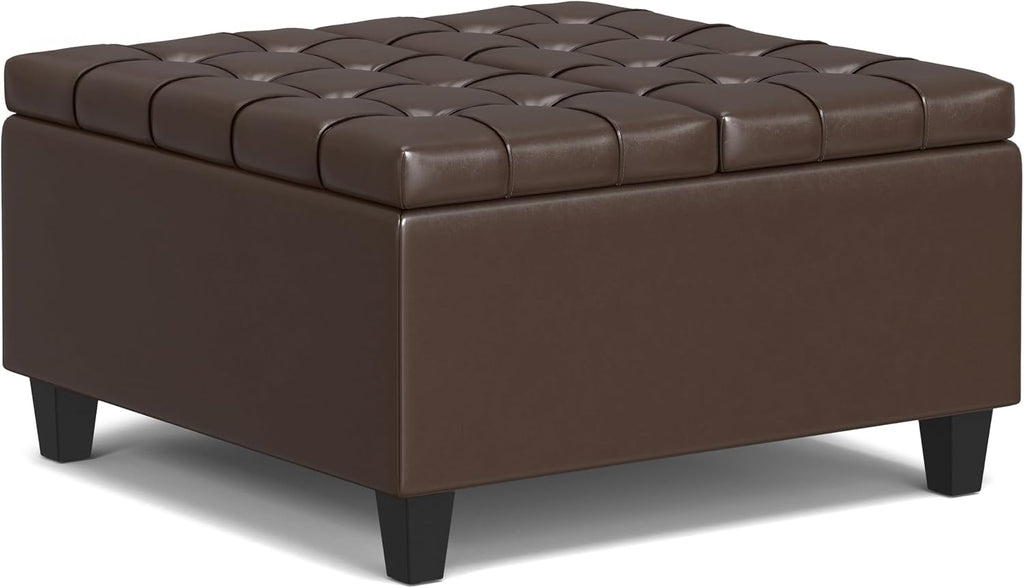 SIMPLIHOME Harrison Small Coffee Table Storage Ottoman - 30 inch Wide Upholstered Vegan Leather Square Lift-Top Ottoman in Chocolate Brown, Transitional Ottoman for Living Room with Hidden Storage