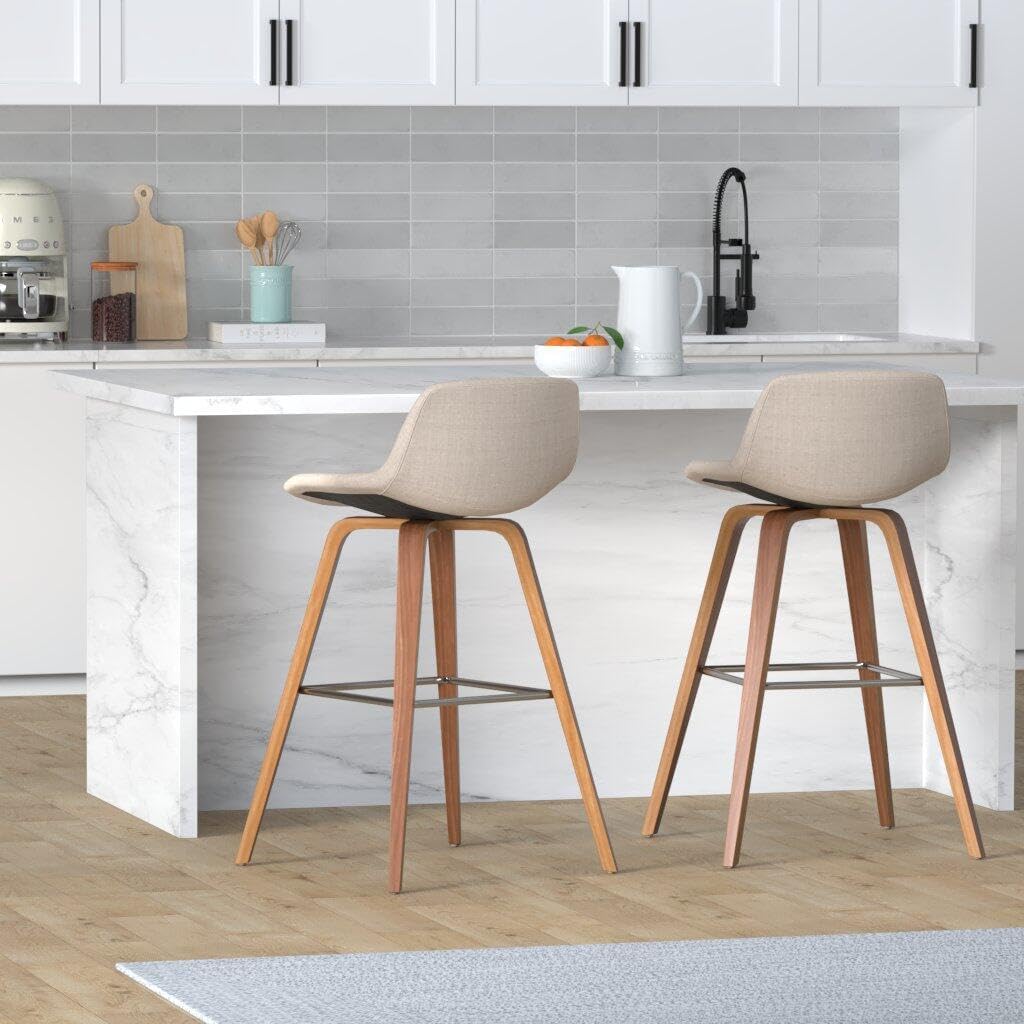 SIMPLIHOME Randolph Counter Stools (Set of 2) - 28 Inch Seat Height Upholstered Bentwood Bar Stools in Natural Linen Look Fabric, Mid Century Modern Seating with Curved Backrest and Chrome Footrest