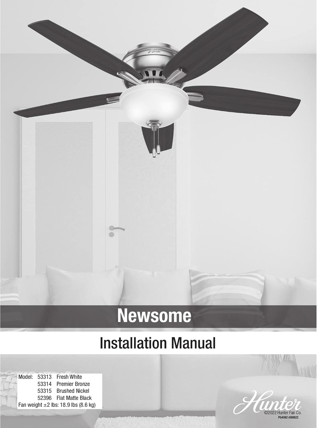 Hunter 52 inch Indoor Ceiling Fan with LED Light - Black Ceiling Fan with Pull Chain, For Bedroom or Living Room, Low Profile Flush Mount, 5 Blades, Includes Bulbs - Newsome 52396, Matte Black