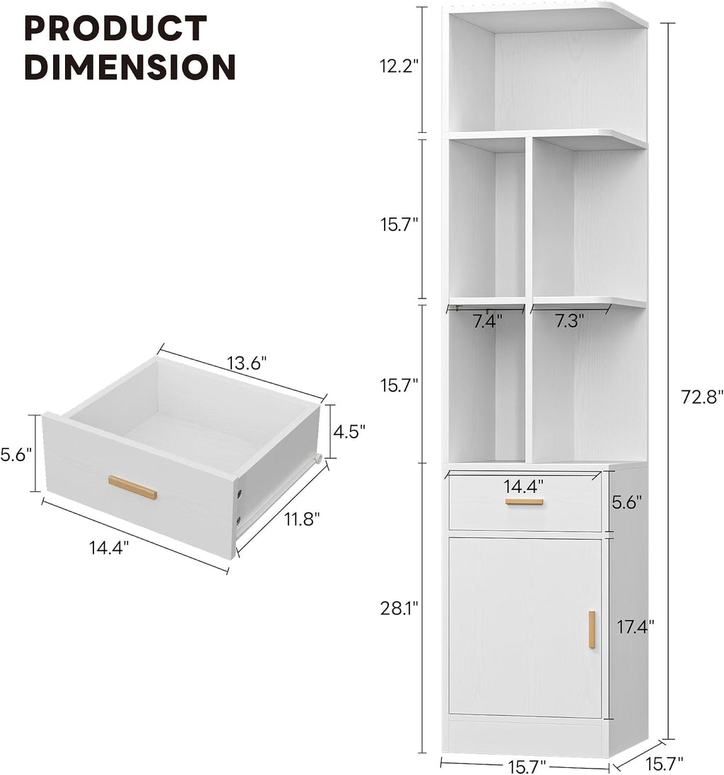 IRONCK Corner Bookshelf，72.8' Tall Corner Shelf with Drawer and Door, Narrow Corner Bookcase with Adjustable Shelves for Living Room Home Office, White