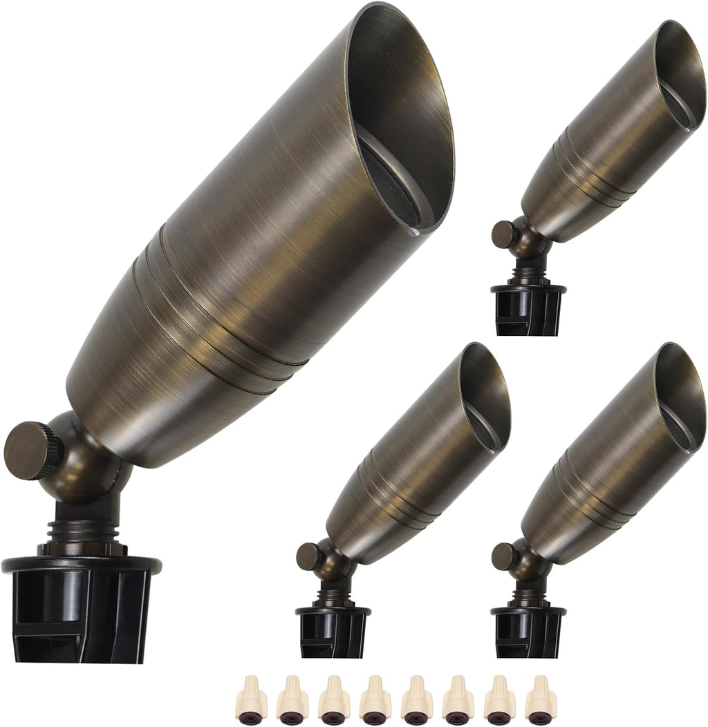 DOSHINE® Solid Brass Landscape LED Spotlights Outdoor Low Voltage Landscape Lighting AC/DC 12V Uplight Accent Light for Tree Garden Yard with Replaceable 5W 3000K Warm White 560LM MR16 Bulb (4-Pack)