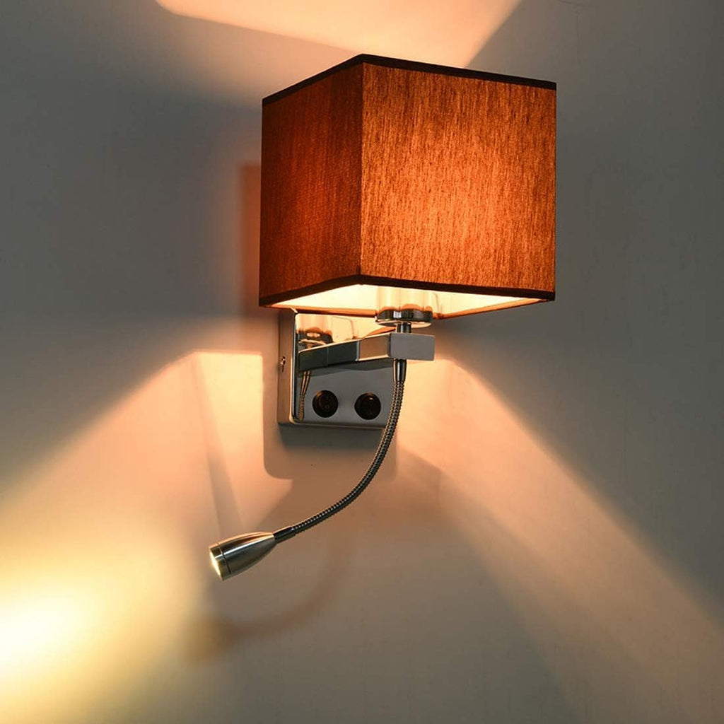 Wall Lamps with LED Reading Light, Bedside Sconce with Switch, Lamp Fabric Lampshade with 2 Points, Adjustable Indoor Spotlights, Brown
